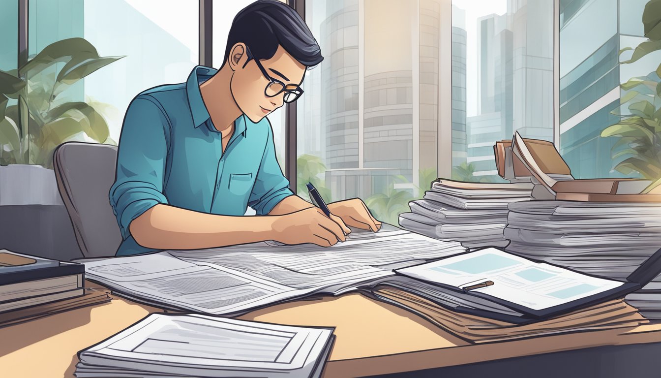 A person researching property laws in Singapore, surrounded by legal documents and regulatory guidelines
