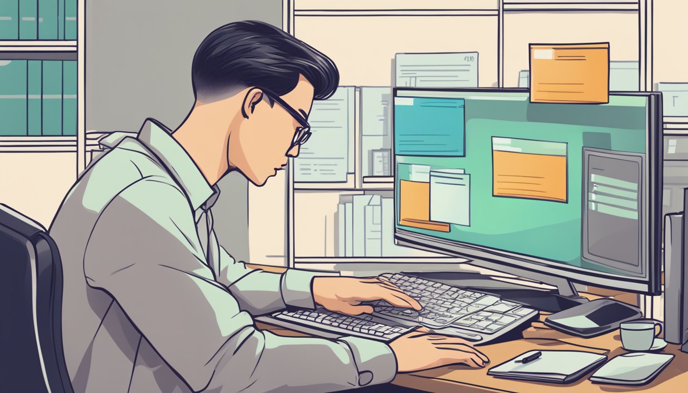 A person sitting at a computer, typing in "how to buy index funds in Singapore" on the screen. A stack of financial documents and a calculator are nearby