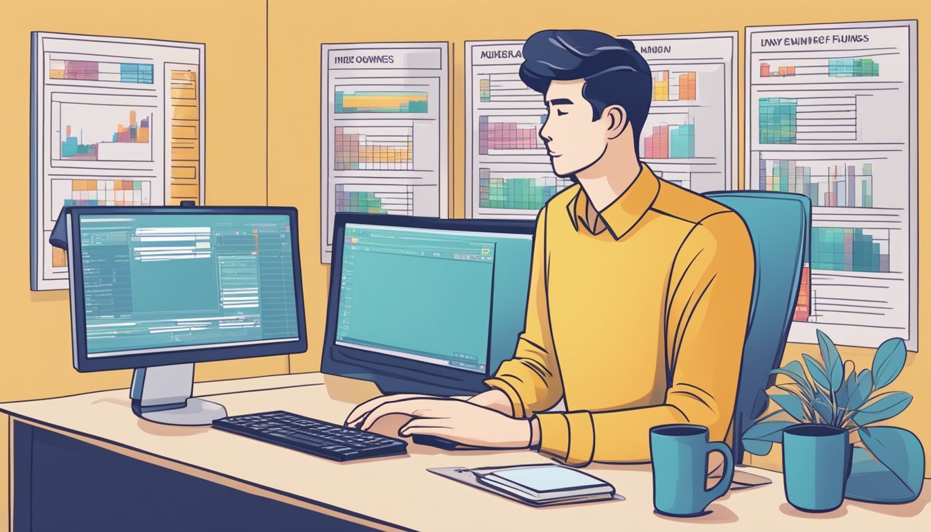 A person in Singapore uses a computer to buy index funds online. The screen shows the options for purchasing index funds