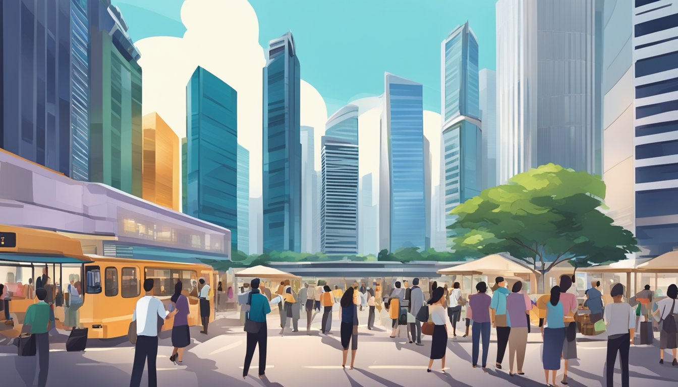 A bustling financial district in Singapore with skyscrapers and a diverse mix of people, showcasing the city's vibrant economy and investment opportunities