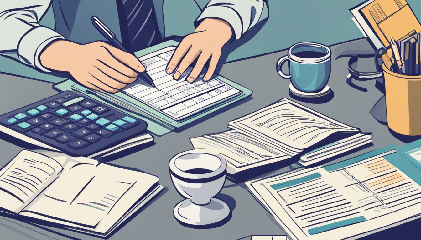 A person sitting at a desk with a computer, researching index funds. A stack of financial documents and a calculator are nearby. The person is making notes and adjusting their investment portfolio