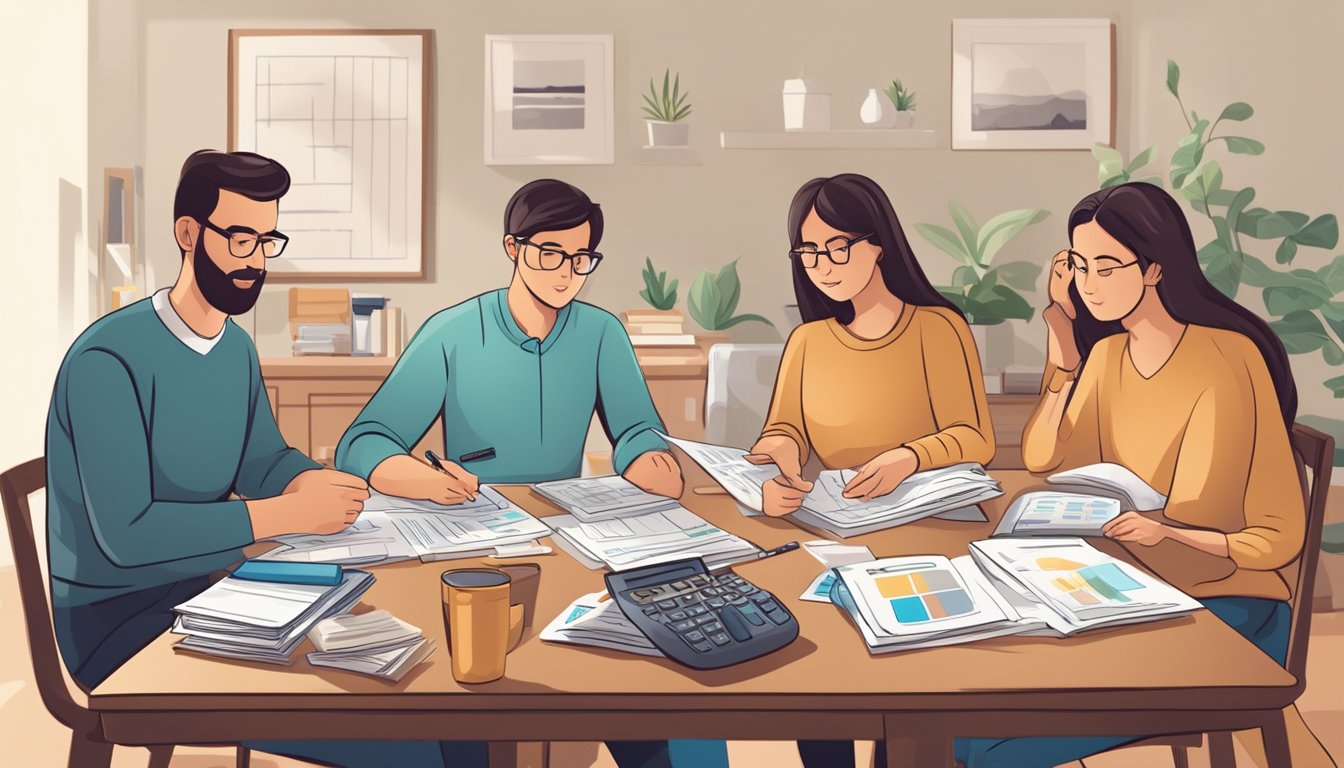 A family sitting at a table with calculators and financial documents, discussing and calculating their average gross monthly household income