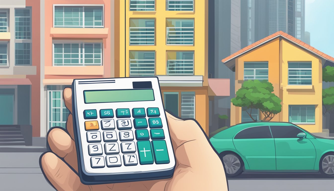 A calculator displaying monthly income figures with a HDB flat in the background, representing the process of calculating average gross monthly household income in Singapore