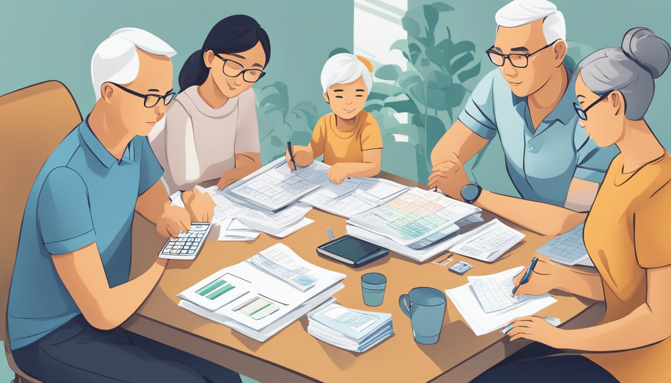 A family sits at a table, calculating their monthly income for HDB housing grants in Singapore. Papers and a calculator are spread out in front of them