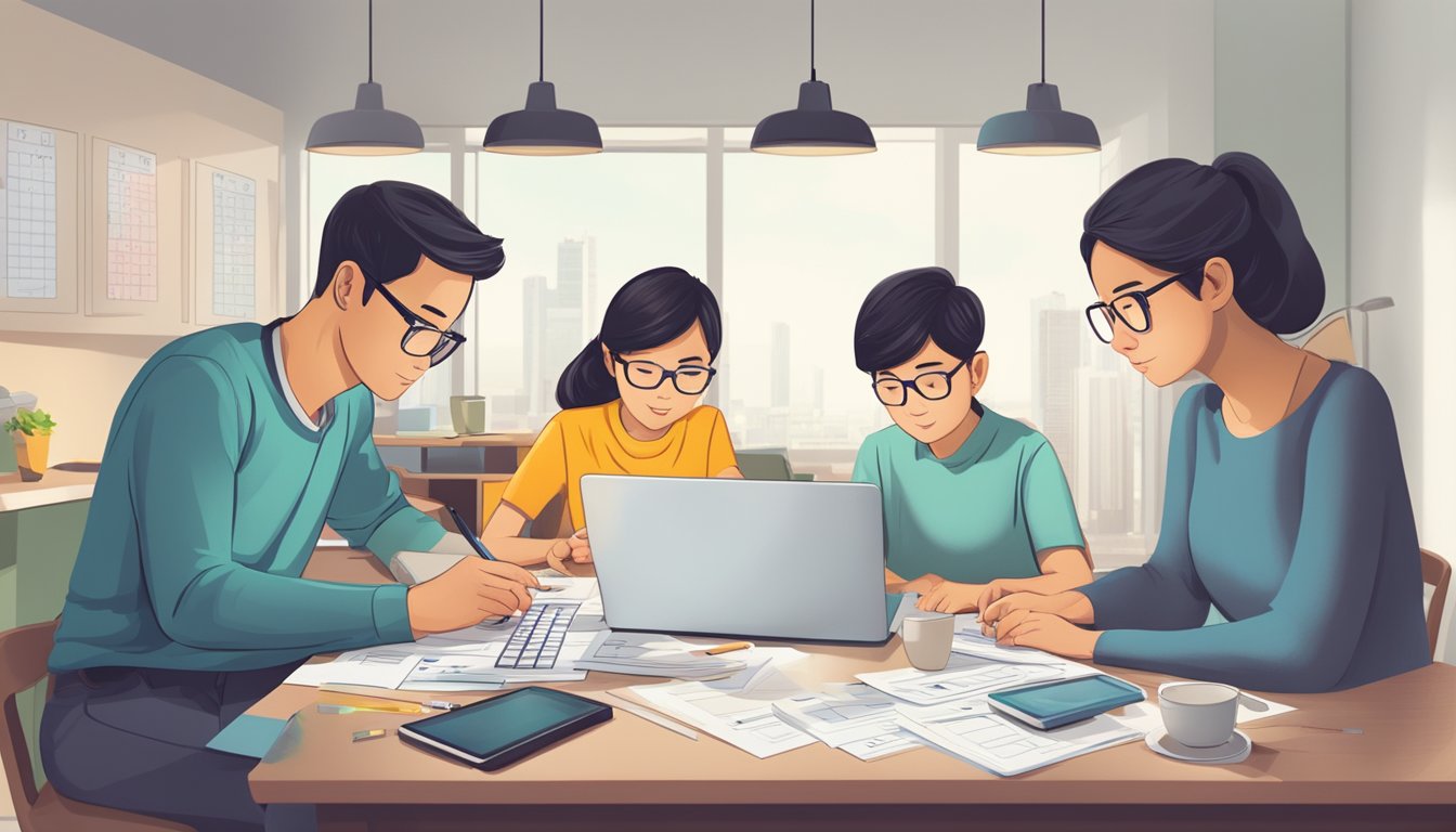 A family sits around a table, calculating their gross monthly income. A laptop and calculator are on the table, with HDB application forms spread out