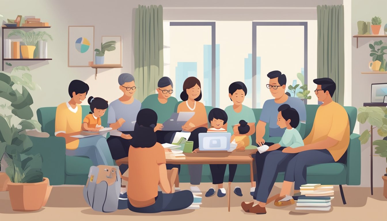 A diverse group of families, including single parents and multi-generational households, gather around a table with financial documents, calculators, and laptops, discussing and calculating their average gross monthly household income in a cozy HDB apartment in Singapore