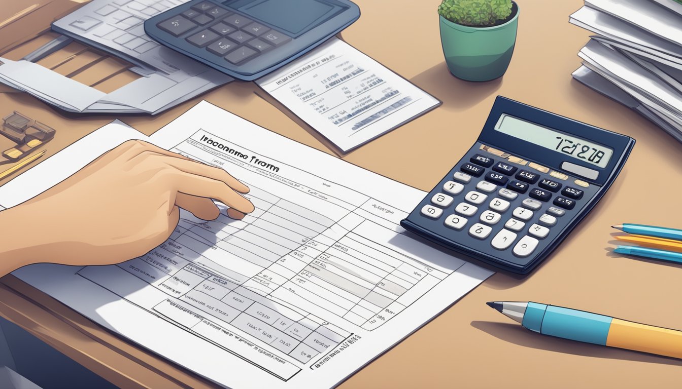 A calculator and a Singaporean tax form lay on a desk, with income figures being entered and calculated