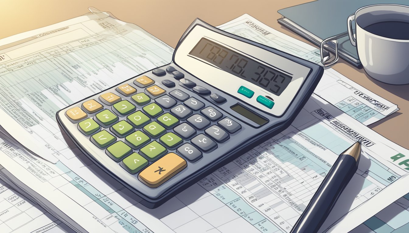 A calculator displaying CPF contributions and gross income figures, with a Singaporean tax form in the background
