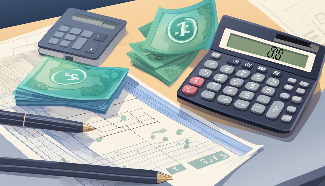 A calculator and a Singaporean currency symbol sit on a desk next to a document titled "Gross Annual Income Calculation."