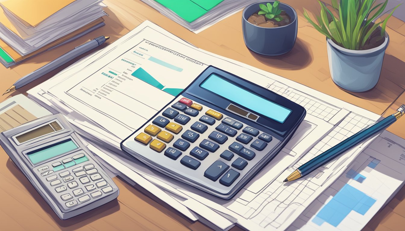 A calculator sits on a desk next to a stack of paperwork labeled "Home Loan." A pen hovers over a sheet of paper, ready to calculate home interest in Singapore