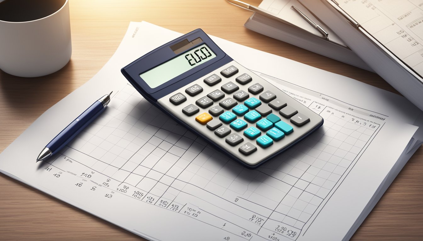 A calculator and a home loan document sit on a desk, with a pen ready to make calculations. A graph showing interest rates and repayment schedules is visible in the background