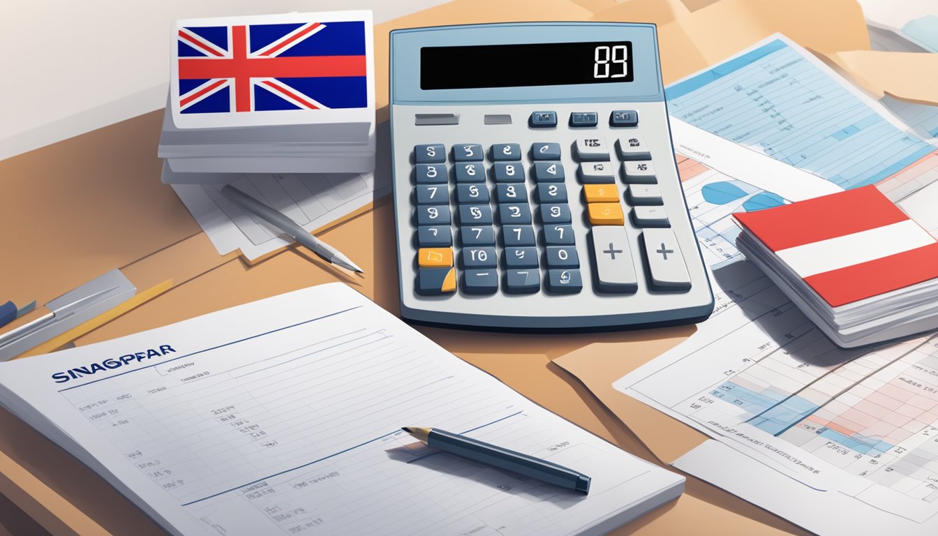 A calculator and a stack of financial documents on a desk, with a Singaporean flag in the background