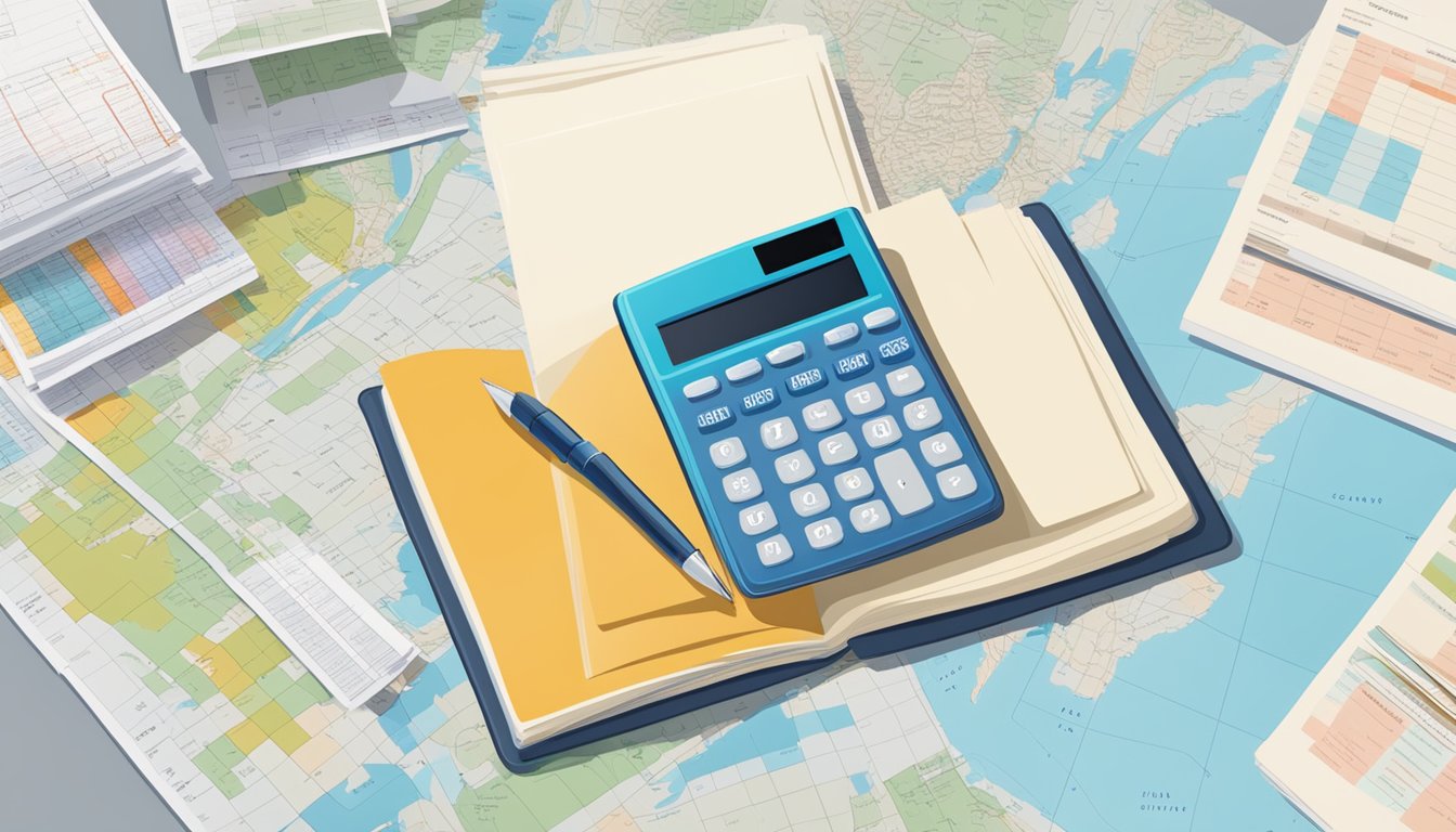 A calculator surrounded by financial documents and a map of Singapore
