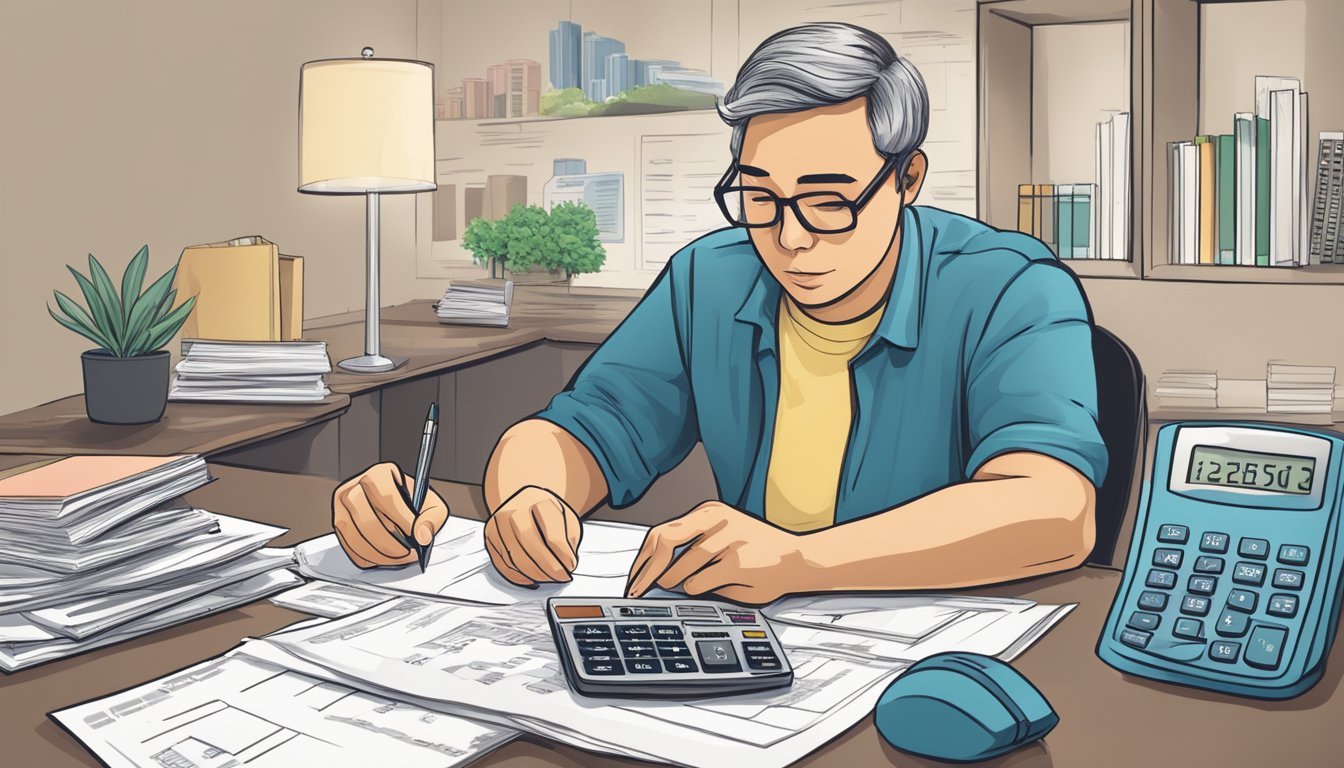 A person sits at a desk with a calculator, pen, and paper. They are surrounded by housing listings and financial documents. They are deep in thought, calculating their housing budget for Singapore
