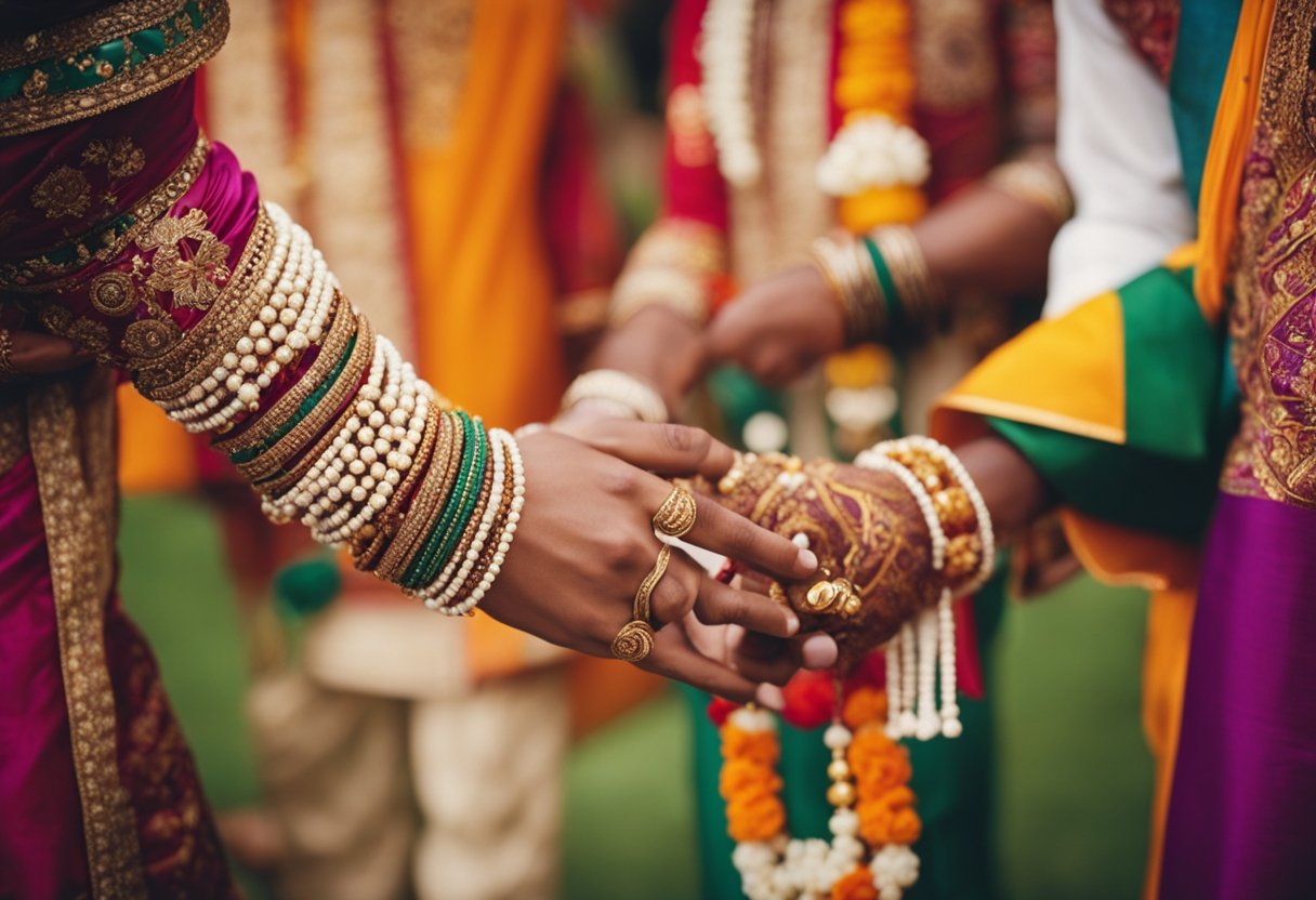 A multicultural wedding scene with diverse traditional elements from around the world, including colorful attire, symbolic decorations, and unique ceremonial rituals