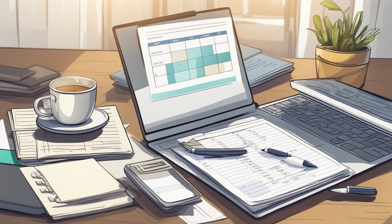 A calculator and a list of expenses lay on a desk, with a budget worksheet open on a laptop screen. A cup of coffee sits nearby