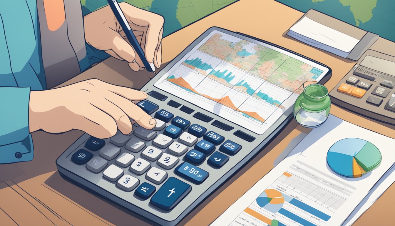 A person using a calculator and looking at financial documents, with a housing budget chart and Singapore map in the background