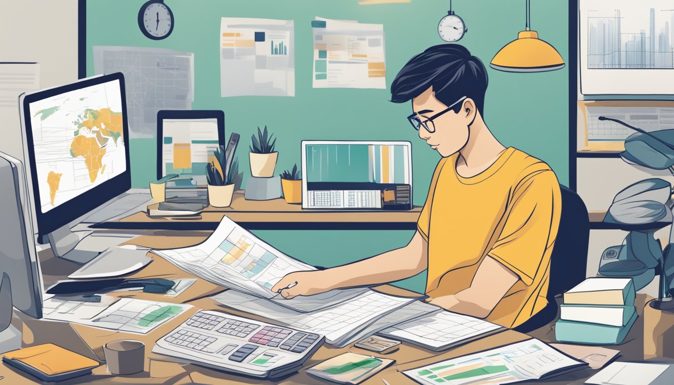 A person sits at a desk with a calculator and spreadsheets, researching housing costs in Singapore. A map and budgeting tools are scattered around