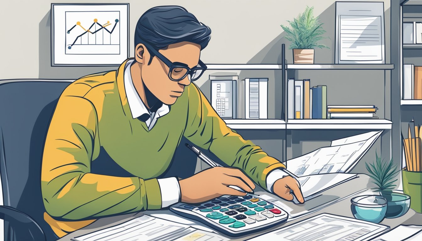 A person sits at a desk with a calculator and spreadsheets, researching housing costs and income to determine their budget