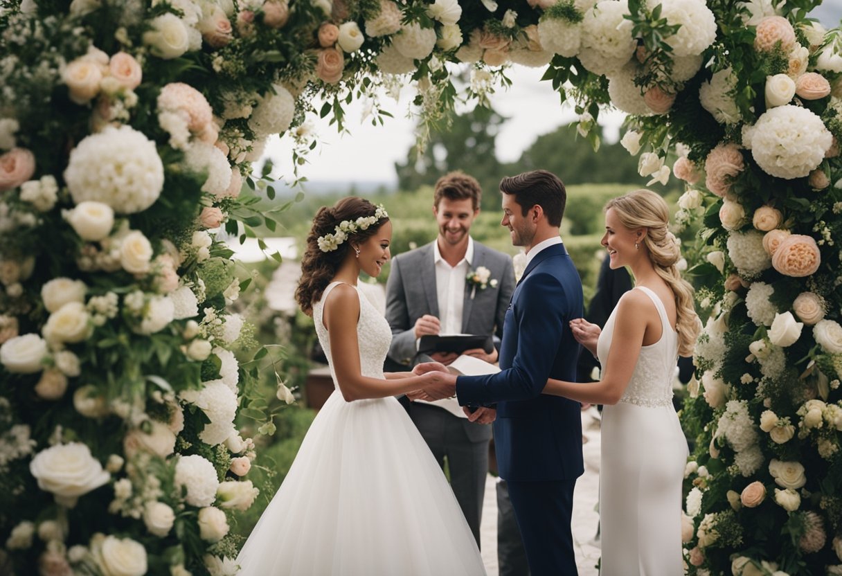 A bride and groom exchange vows under a floral arch, surrounded by friends and family. A traditional American wedding reception follows, with dancing and a tiered wedding cake