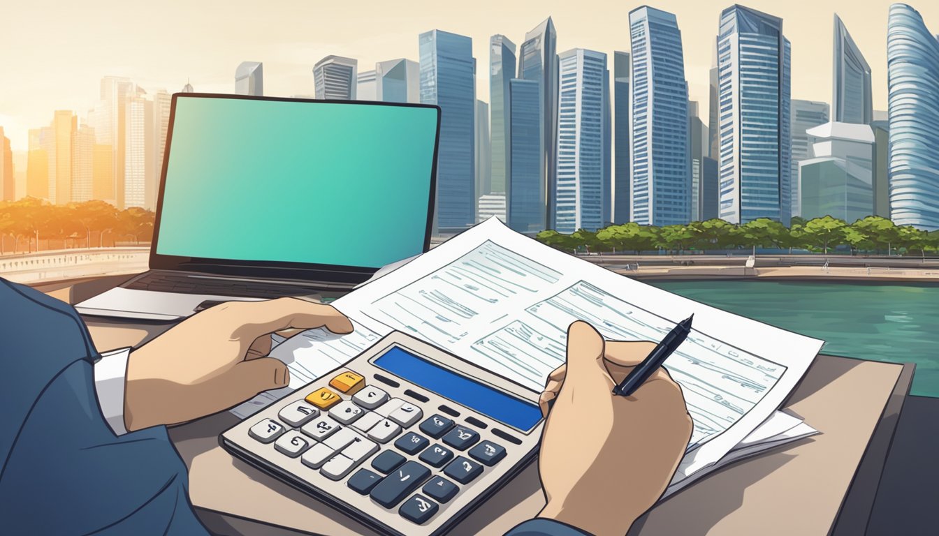 A person using a calculator to compute loan interest, with a pen and paper for notes, against the backdrop of the Singapore skyline