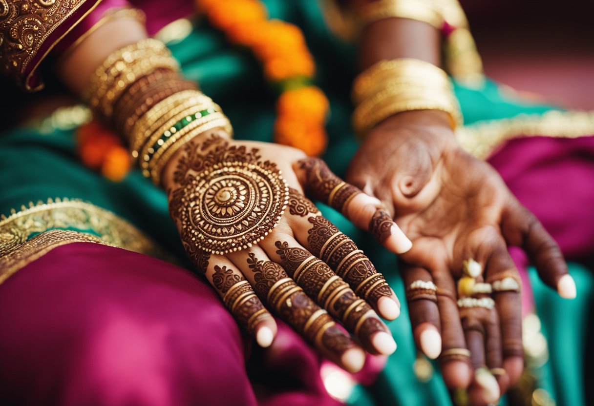 Vibrant colors of traditional Indian wedding decorations fill the air with joy and excitement, as intricate henna designs adorn the hands of the bride and groom