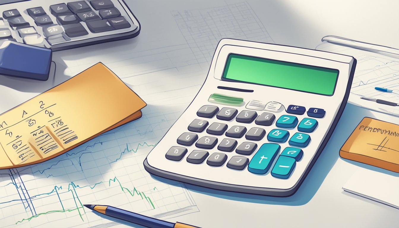 A calculator displaying loan amount, interest rate, and repayment period, with a formula written on a whiteboard in the background