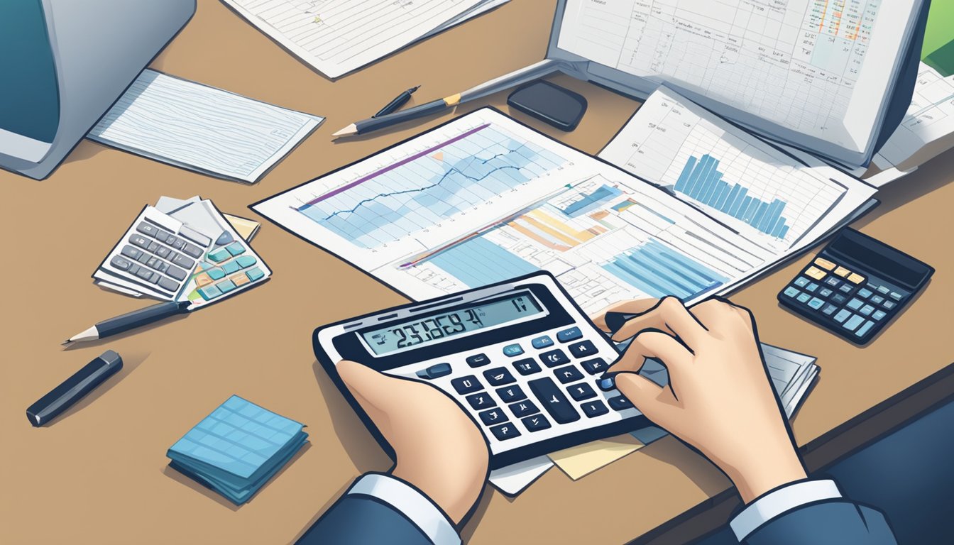 A person using a calculator to determine interest on a loan in Singapore. Tables and charts related to loan calculations are spread out on the desk