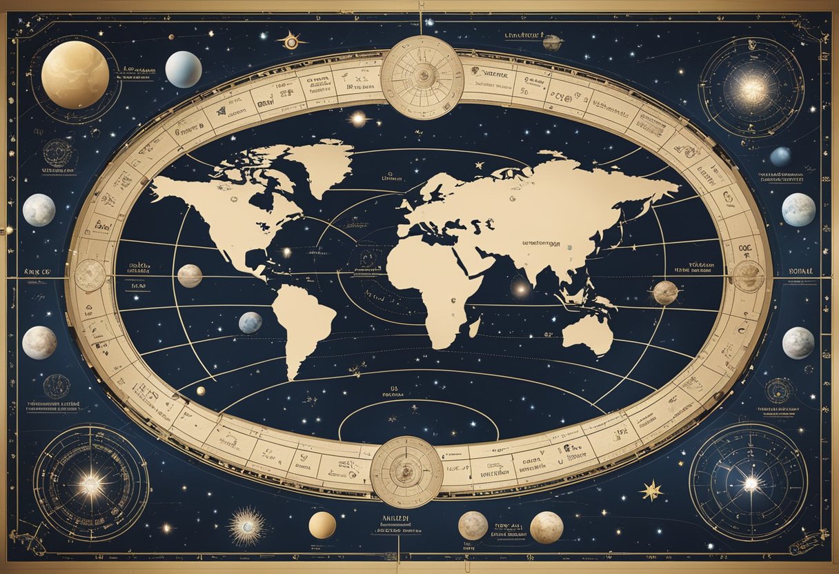 A celestial map with zodiac symbols and planetary alignments, surrounded by stars and galaxies