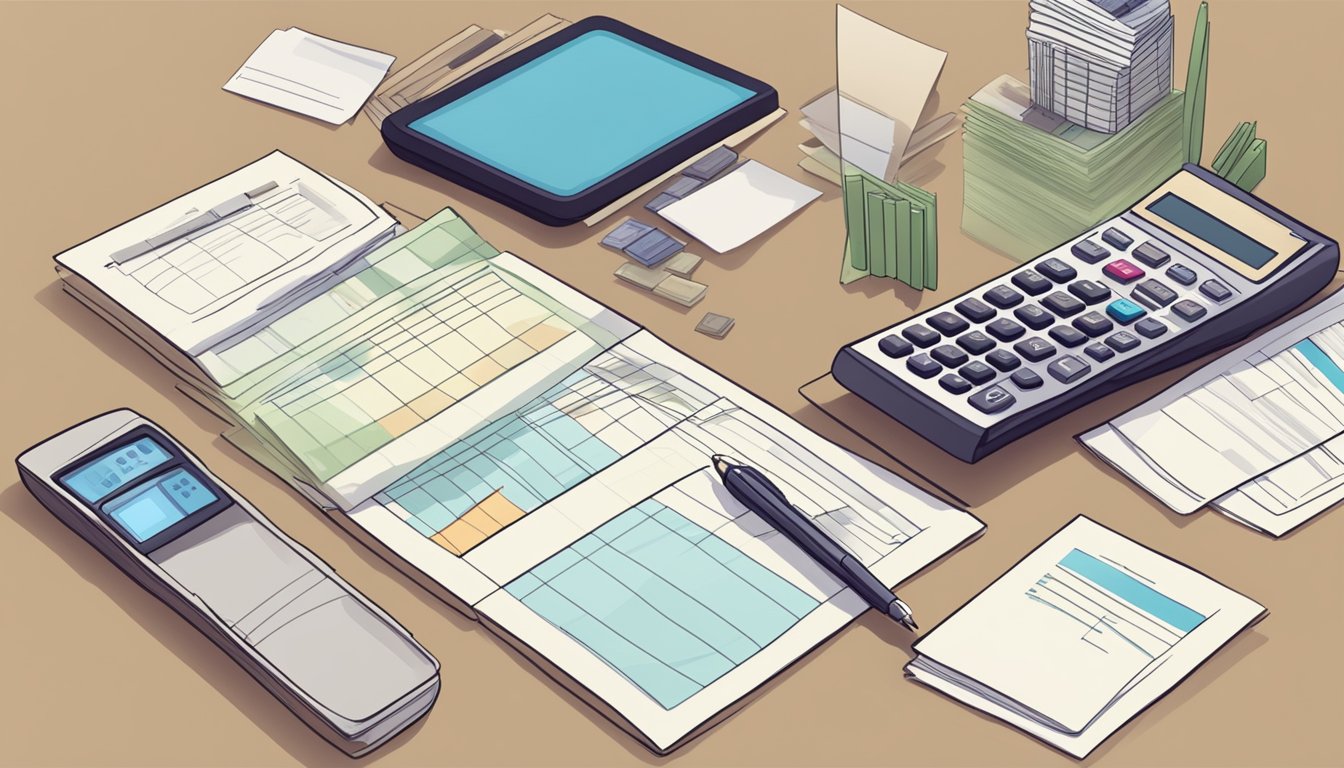 A calculator sits on a desk next to a stack of loan documents. The screen shows interest being calculated for a loan in Singapore