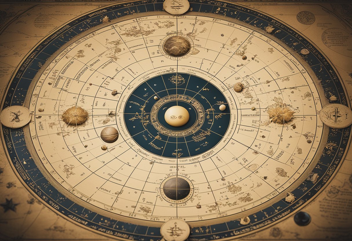 A celestial map with zodiac signs and planetary positions