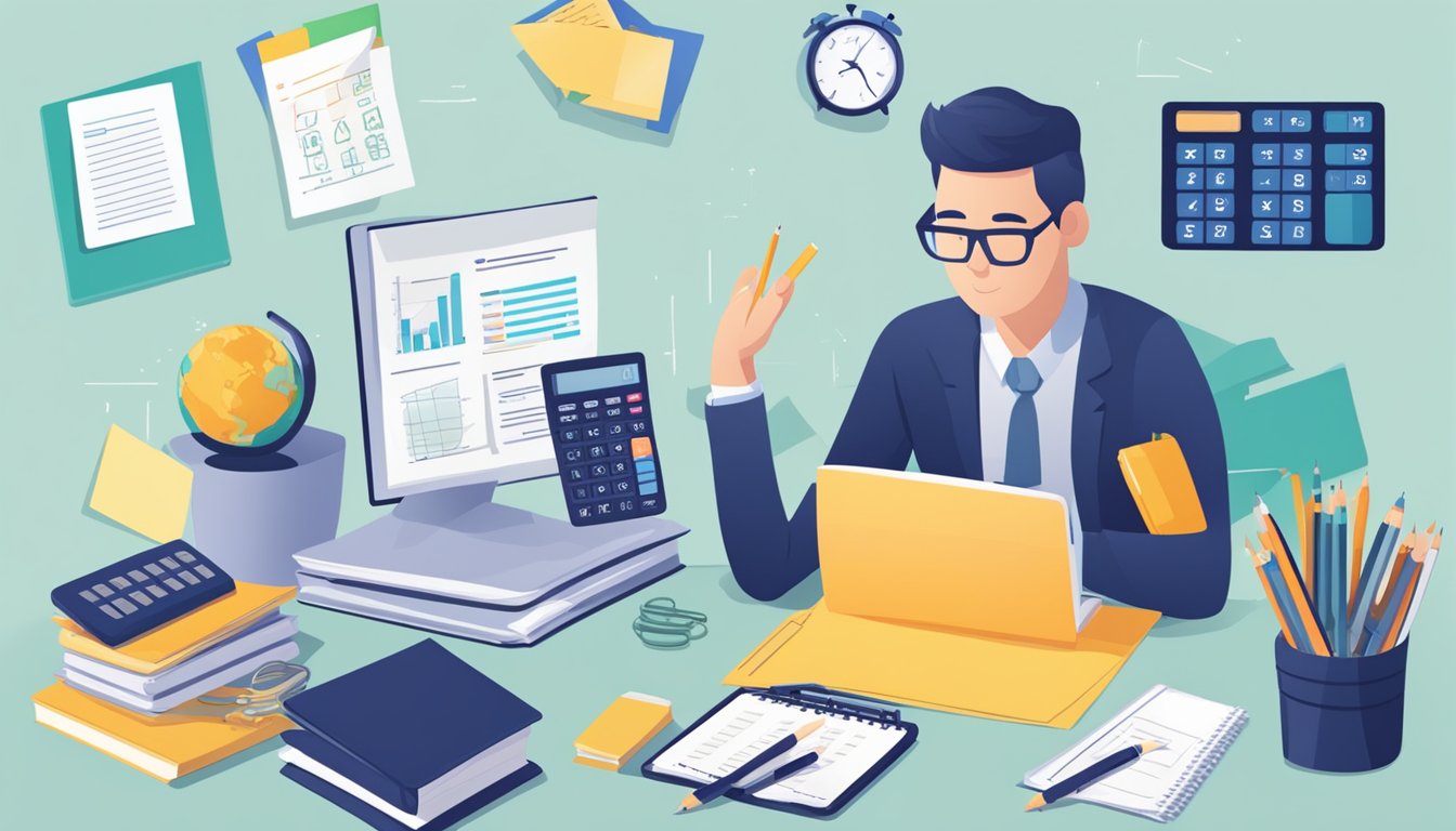 A person sitting at a desk with a calculator and a loan agreement, making notes and calculations while managing loans responsibly