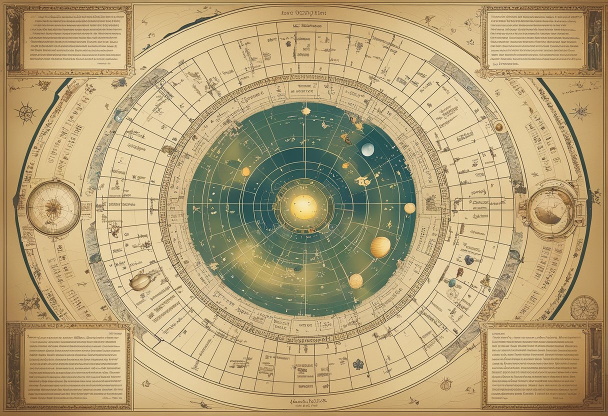 A celestial map with zodiac signs and planetary positions