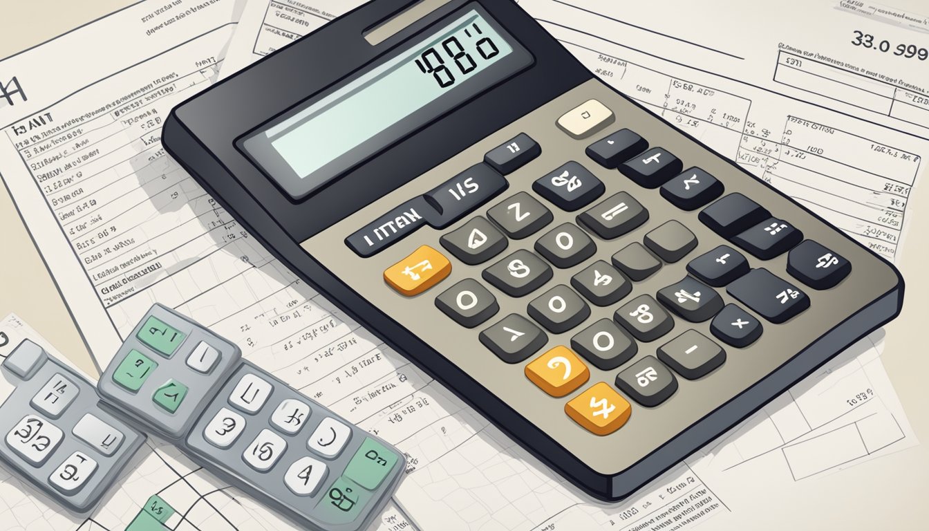 A calculator with a loan amount and interest rate displayed, alongside a formula or equation for calculating interest in Singapore
