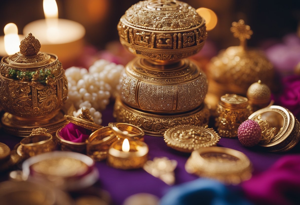 A diverse array of wedding symbols from around the world, such as ceremonial attire, traditional decorations, and symbolic gestures, are displayed in a globalized setting