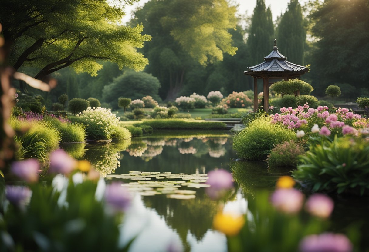 A serene garden with blooming flowers, a tranquil pond, and a gentle breeze, evoking a sense of spirituality and peace