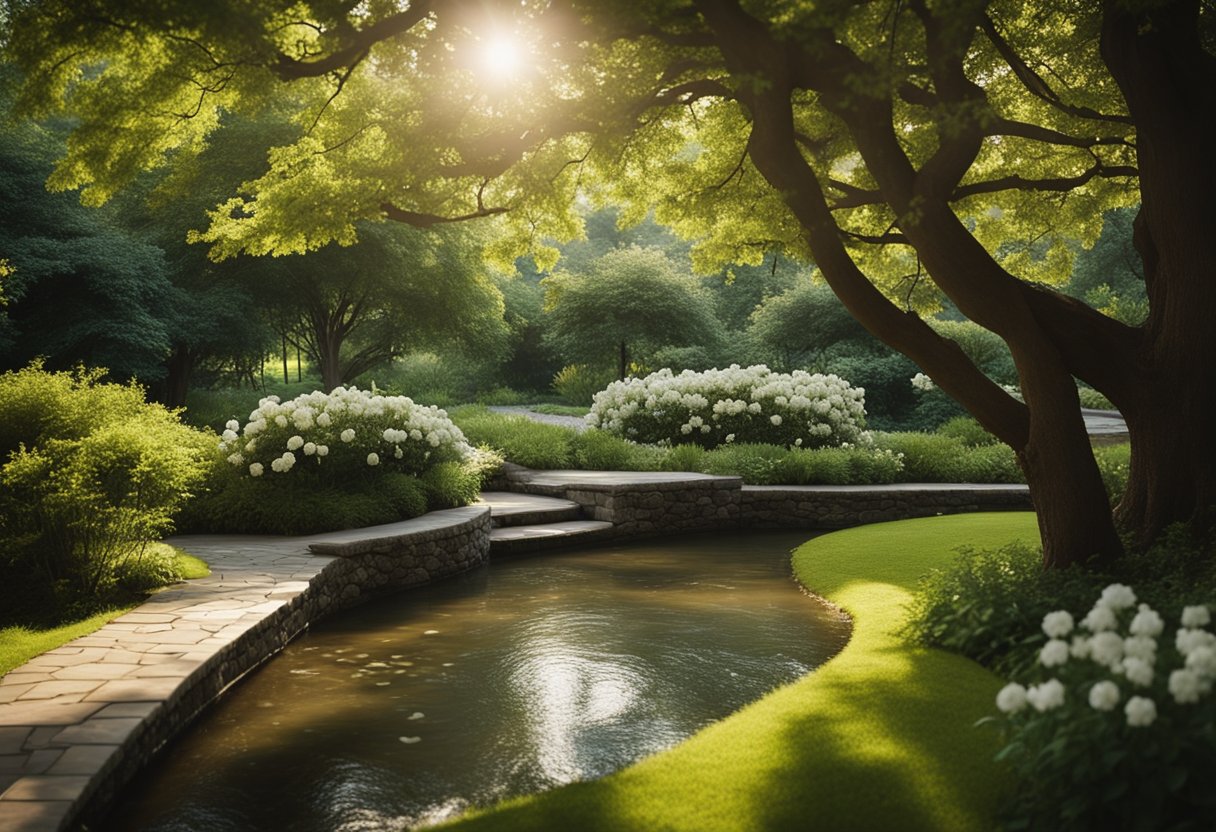 A serene garden with blooming flowers, a flowing stream, and a tranquil meditation space under a shady tree