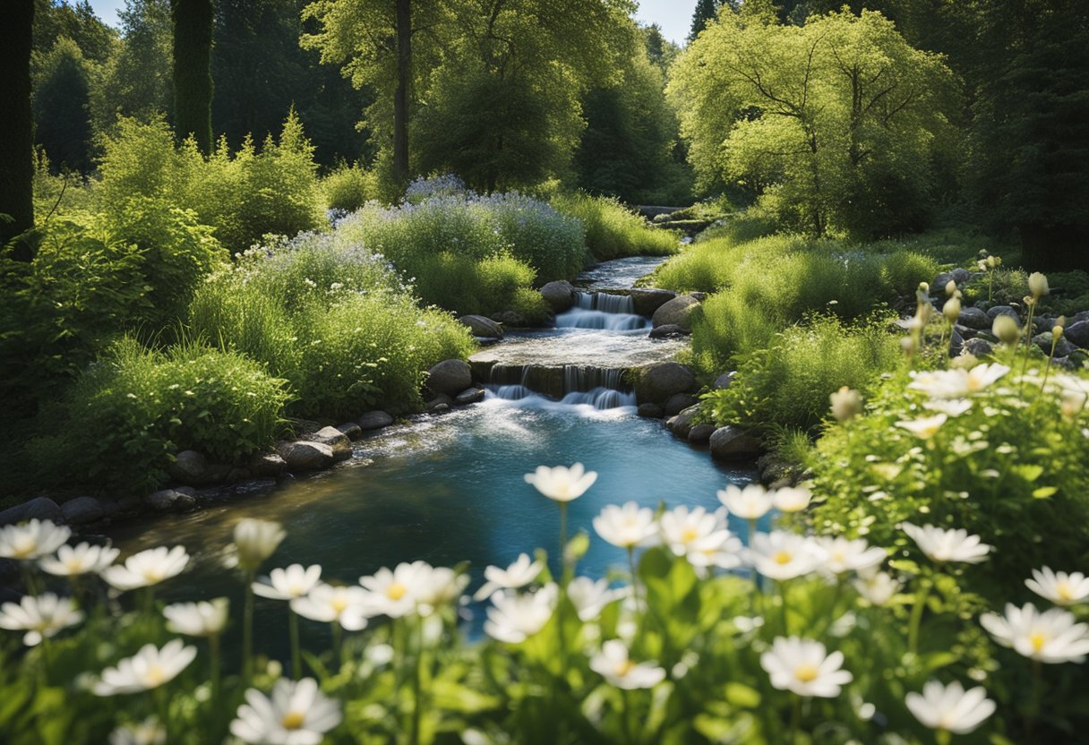 A serene garden with a flowing stream and blooming flowers, surrounded by tall trees and a clear blue sky