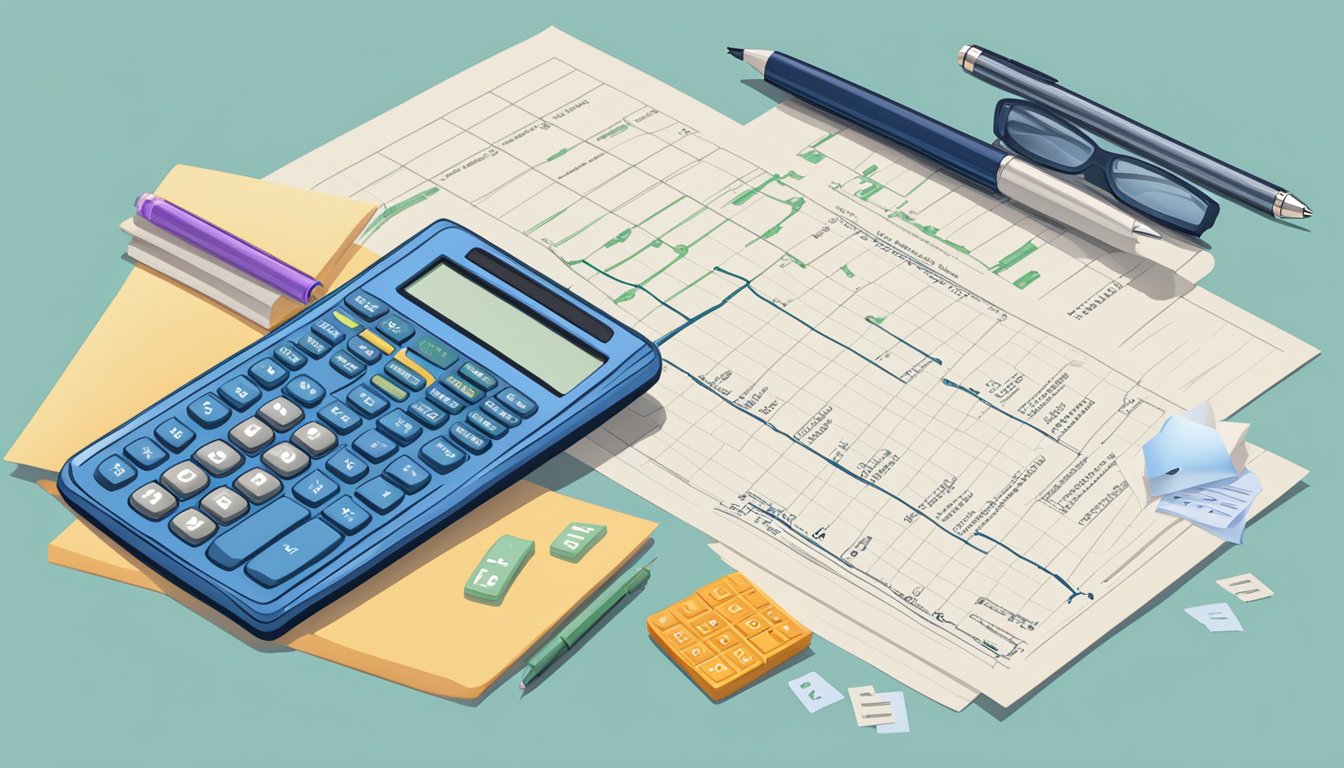 A calculator displaying numbers, a pen, and a piece of paper with loan interest formula written on it