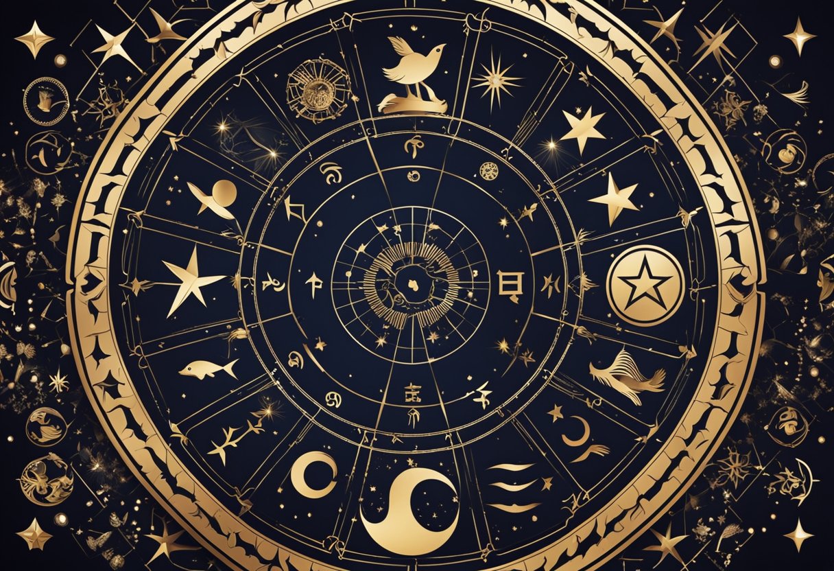 Zodiac symbols arranged in a circular pattern with celestial elements in the background