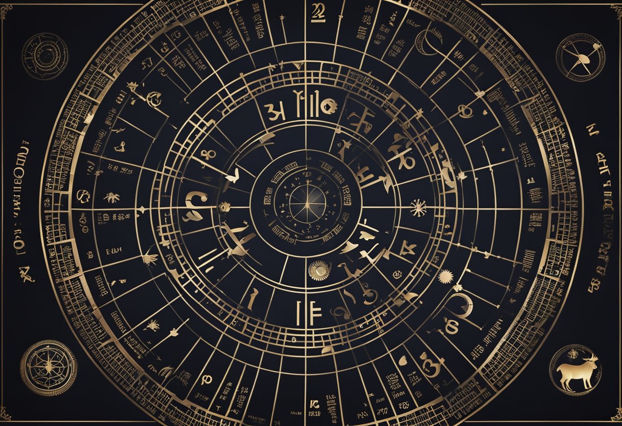 A circular chart with 12 distinct symbols representing the signs of the zodiac, arranged in a circular pattern. Each symbol is accompanied by its corresponding astrological name