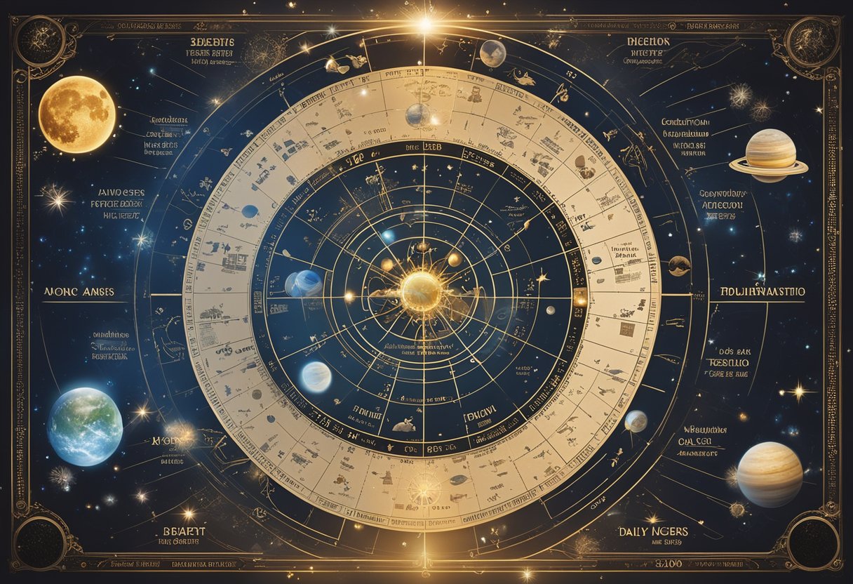 A celestial map with zodiac signs and daily forecasts displayed