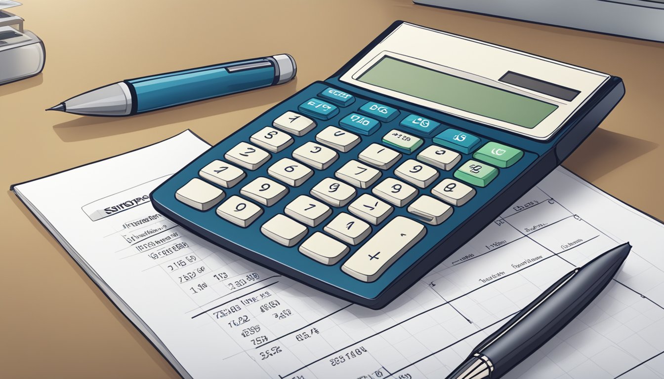 A calculator on a desk with a pen and paper, displaying the formula for calculating mortgage loan interest in Singapore