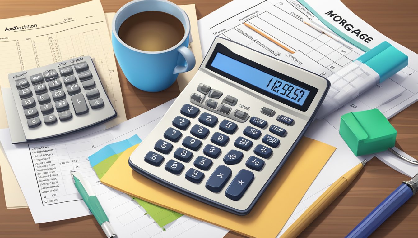 A calculator and a pen on a desk with a mortgage loan document and a list of additional costs in the background