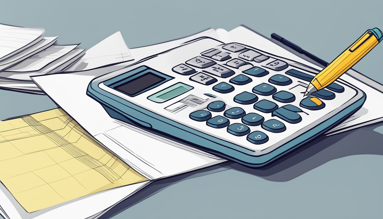 A calculator displaying accrued interest on a CPF statement, with a pen and paper for note-taking