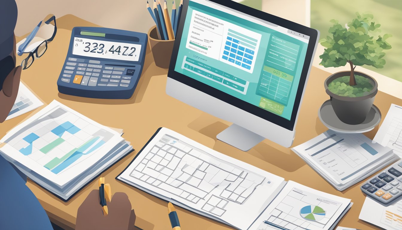 A computer screen displaying CPF funds and accrued interest, with a calculator and paperwork nearby