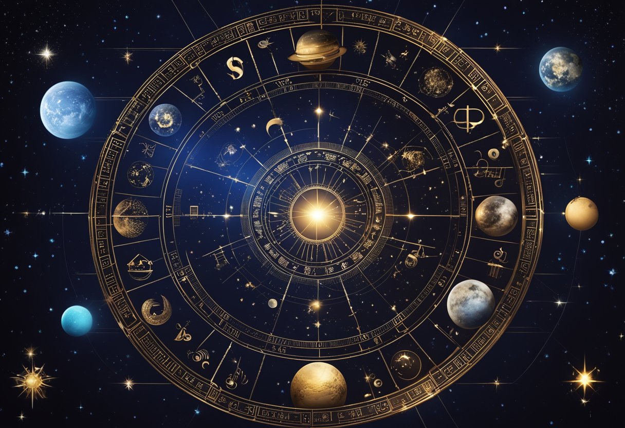 The astrological forecast is depicted with zodiac symbols and celestial objects in a cosmic background