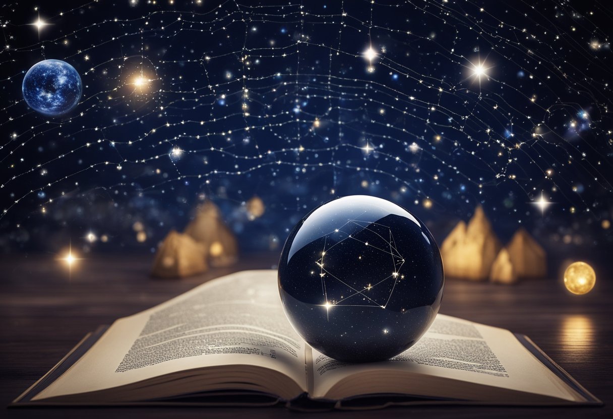 A starry night sky with astrological symbols and constellations, a crystal ball, and a book of astrological predictions
