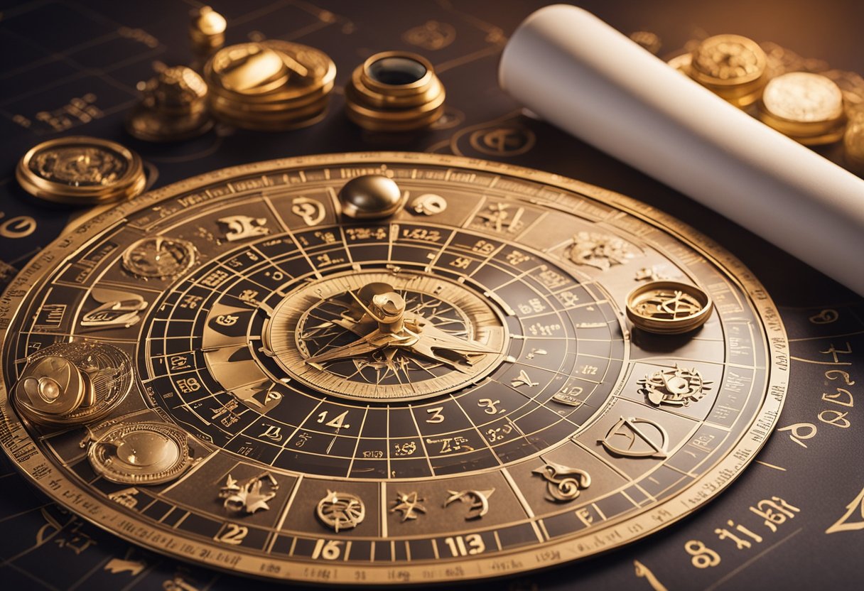 Astrological symbols and charts arranged on a table, with a calendar showing zodiac signs and planetary movements. A telescope points towards the night sky
