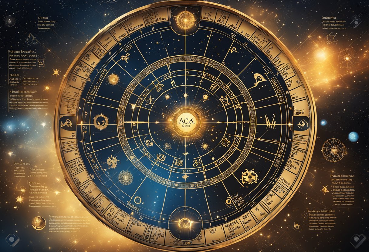 A celestial chart with zodiac symbols and personalized horoscope text